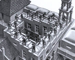 M. C. Escher: Emelkedő és süllyedő (részlet)